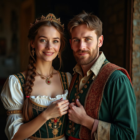 Portrait of a beautiful young couple in traditional Bavarian clothes.の素材