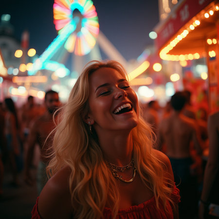 Young blonde woman dancing in the amusement park at night. Beautiful girl having fun outdoors.の素材