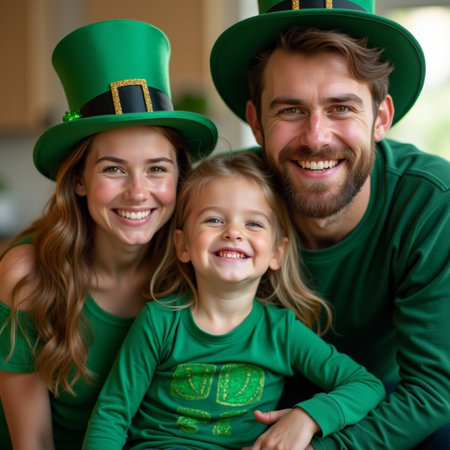 Portrait of happy family in leprechaun hat smiling at cameraの素材
