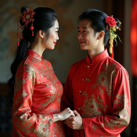 Portrait of happy Asian couple in traditional cheongsam dress.の素材