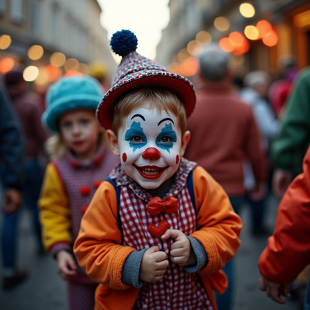 Cute little boy in clown costume with painted face on the streetの素材