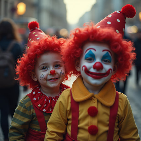 Two funny clowns on the street in Paris, France. Carnival, festival and entertainment concept.の素材