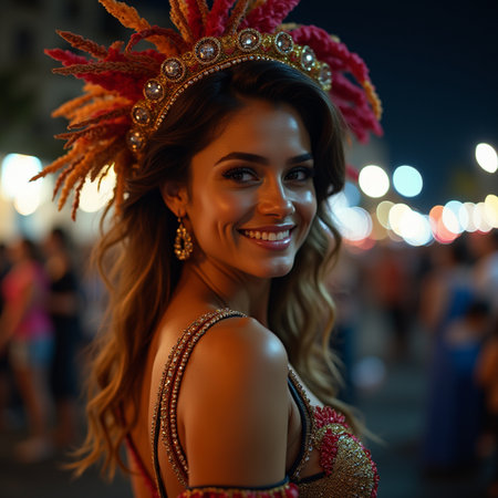 Portrait of a beautiful girl in a carnival costume at nightの素材