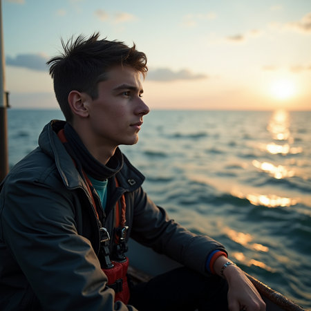 Young man on a boat at sunset in the sea. Portrait of a handsome young man in a blue jacket.の素材