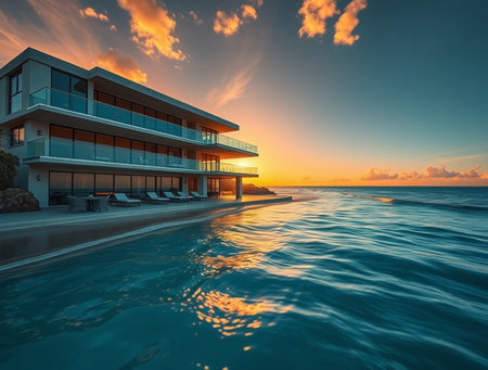 Luxury house on the beach at sunset. Luxury home on the beach at sunsetの素材