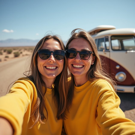 Two young women taking a selfie in front of a camper vanの素材