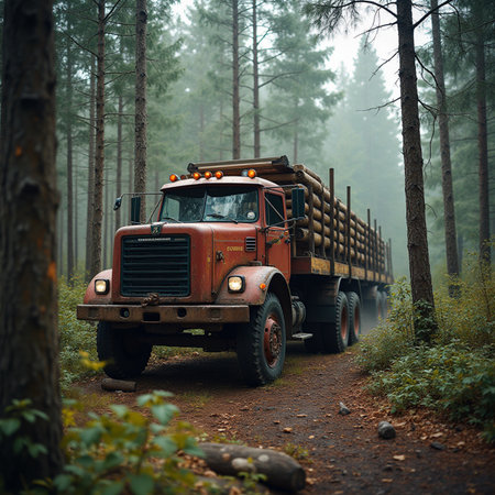 Old truck in the forest on a foggy day. Retro style.の素材