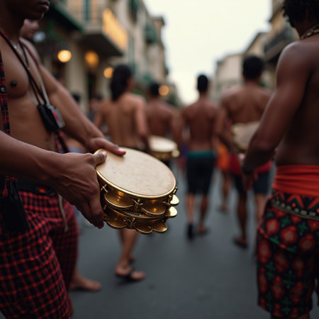 Unidentified Thai people playing a drum in the street.の素材