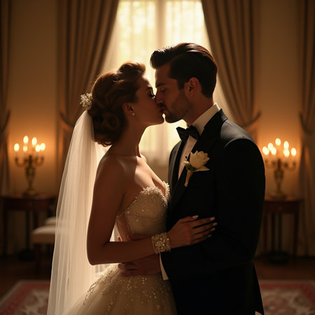 Wedding couple kissing on the background of the room with candlesの素材