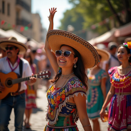 Group of dancers and musicians performing at the annual Carnaval Andino con la Fuerza del Sol in Arica, Chile.の素材