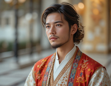 Portrait of a young handsome Asian man in traditional clothes.の素材