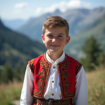 Portrait of a boy in the Ukrainian national costume against the background of mountainsの素材