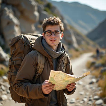 Young man with backpack and map in mountains. Travel and adventure concept.の素材