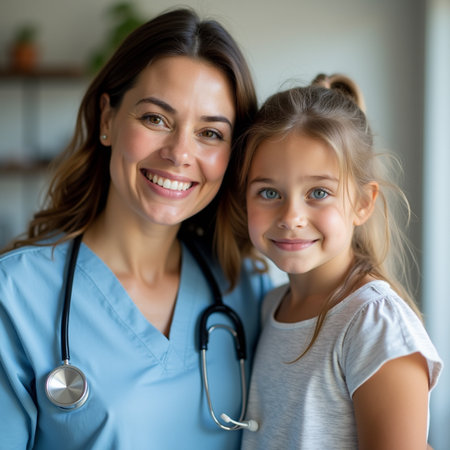 Portrait of smiling female doctor and little girl with stethoscopeの素材