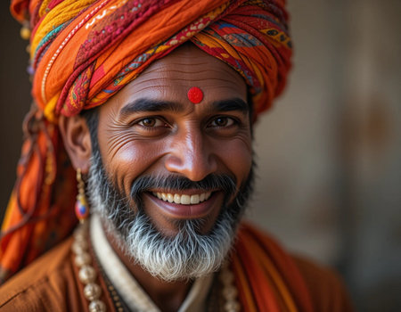 Portrait of a smiling Indian man with a beard and turban.の素材
