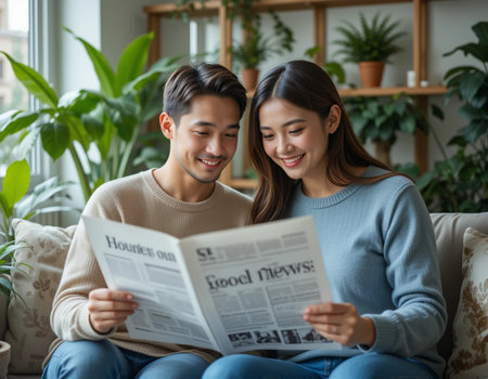 Happy asian couple reading newspaper on sofa in living room at homeの素材