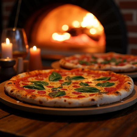 Pizza in front of the fireplace. Italian cuisine. Selective focus.の素材