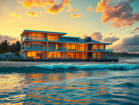 Beautiful luxury house on the beach at sunset. Luxury home on the beach at sunsetの素材