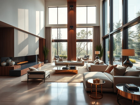 Luxury living room interior with a panoramic window overlooking the countryside. 3d renderingの素材