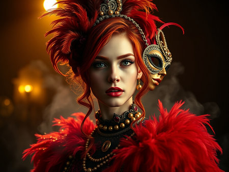 Portrait of a beautiful redhead woman in carnival costume.の素材