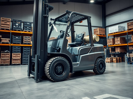 Forklift in a warehouse. Industrial background. Industrial background.の素材