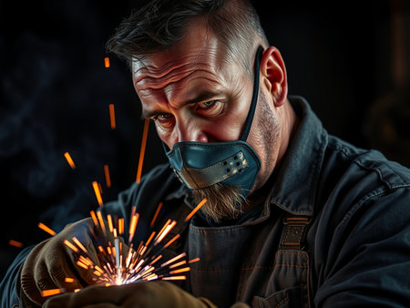 Portrait of a male welder in protective mask and gloves working with a welding torchの素材