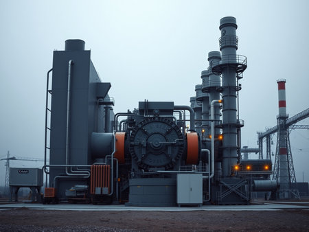 Industrial equipment in a foggy day at a power plant.の素材