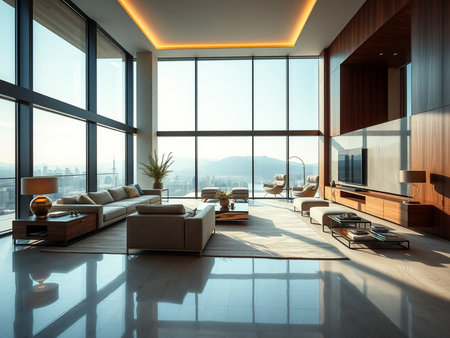 Interior of modern living room with panoramic windows, panoramic city view and daylight. 3d renderingの素材