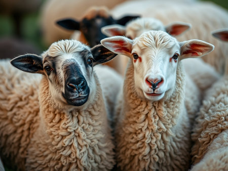 Flock of sheep on the farm. Animal portrait. Selective focus.の素材