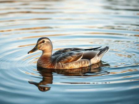 Mallard duck swimming in the lake. Shallow depth of field.の素材