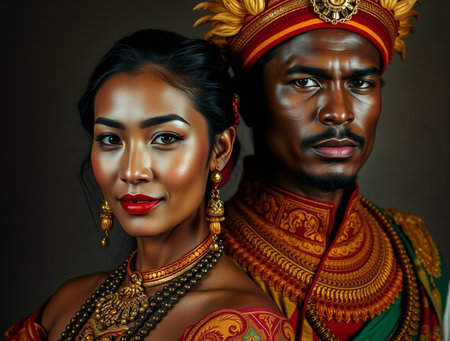Asian couple dressed in traditional Indian costume, close up portrait.の素材