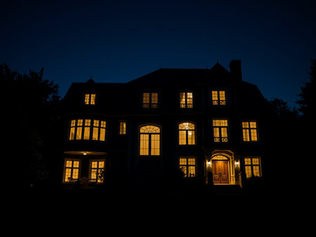 Night view of an old house with lit windows and a doorの素材