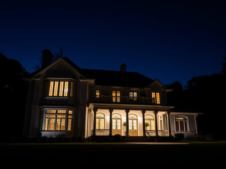 Luxury mansion at night with a beautiful light in the gardenの素材