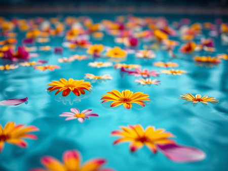 Colorful daisies floating in a swimming pool with shallow depth of fieldの素材