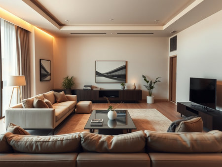 Interior of modern living room with sofa and TV. 3d renderingの素材