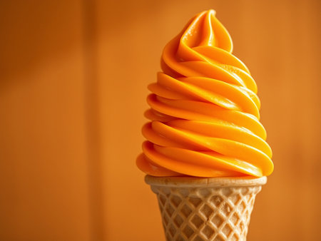 Close up of ice cream in waffle cone on orange background.の素材