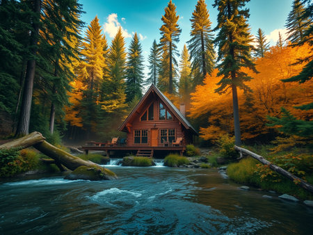 Wooden house on the bank of a mountain river in the autumn forestの素材
