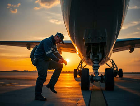 Airplane pilot and airplane on runway at sunset. Aircraft maintenance conceptの素材