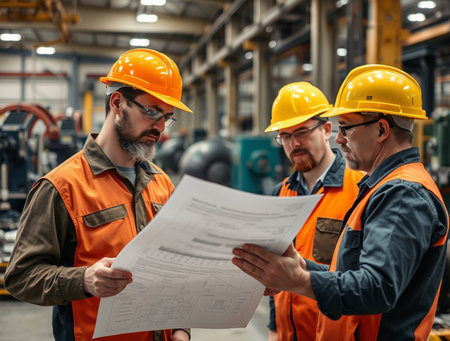 Group of workers in hardhats discussing documents and ideas at factoryの素材