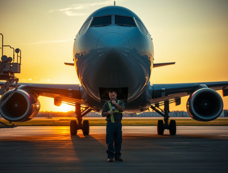 Little boy standing in front of big airplane at the airport at sunsetの素材