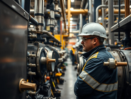 Engineer working in oil and gas industrial factory. Young man wearing safety helmet and safety glasses.の素材