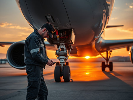 Airport security guard checking the flight status on the airplane at sunsetの素材