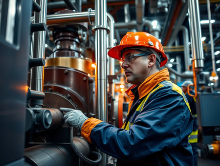 Engineer in orange helmet and blue overalls working in oil refinery.の素材
