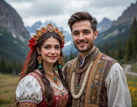 Portrait of a young couple in traditional clothes on the background of mountainsの素材