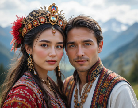 Portrait of a beautiful young couple in national clothes standing in the mountainsの素材