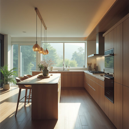 Interior of modern kitchen in a new house. 3d renderingの素材