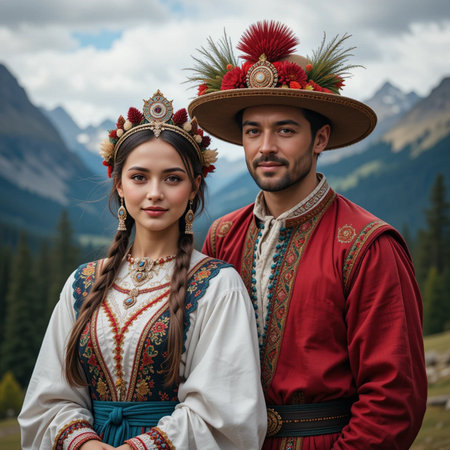 Beautiful young couple in Ukrainian national clothes on the background of mountainsの素材