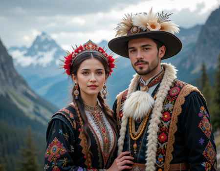 Beautiful young couple in traditional clothes posing in front of the mountainsの素材