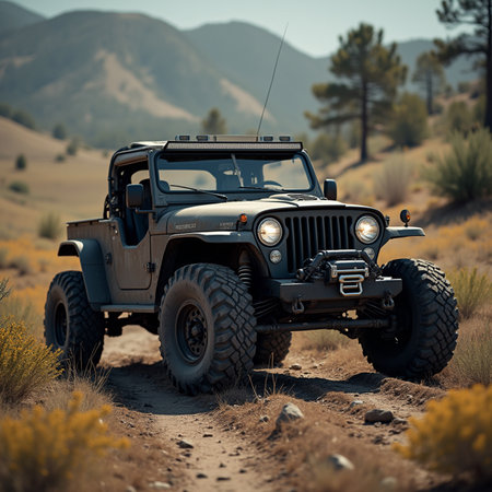 Off-road vehicle on the dirt road in the desert of Californiaの素材