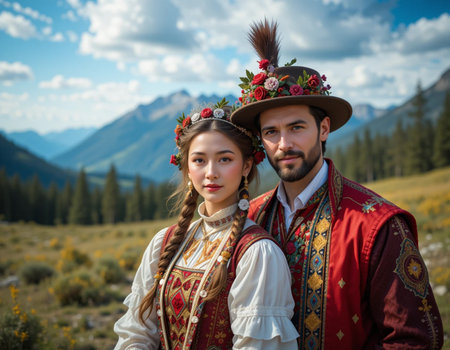 Portrait of a beautiful young couple in national costume on the background of mountainsの素材